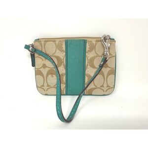 COACH F49174 Lt Khaki/Bright Jade Signature Stripe Small Wristlet